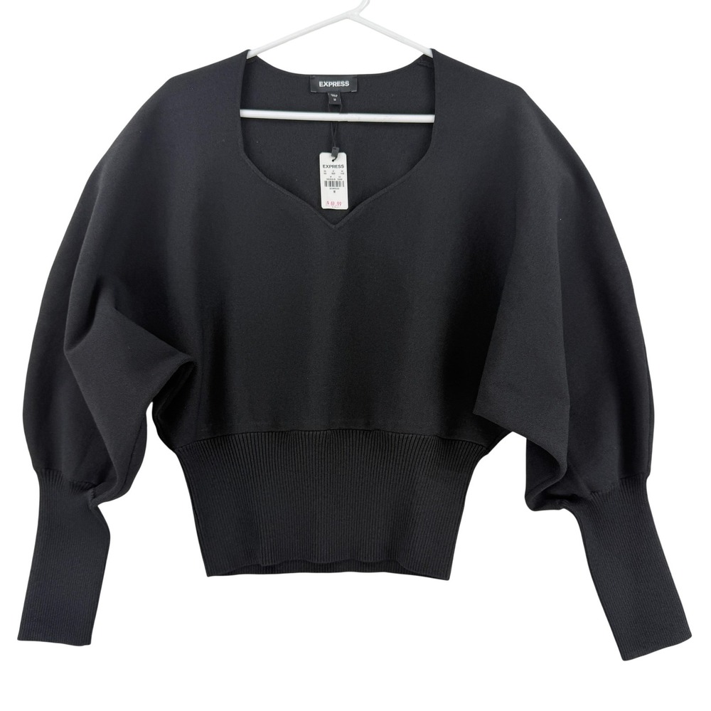 Express Sweater Womens Medium Black V Neck Dolman Sleeve Cropped Knit Pullover